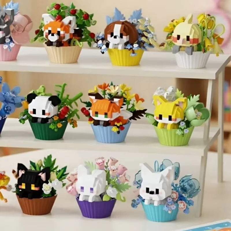 Nine flower pals on a shelf