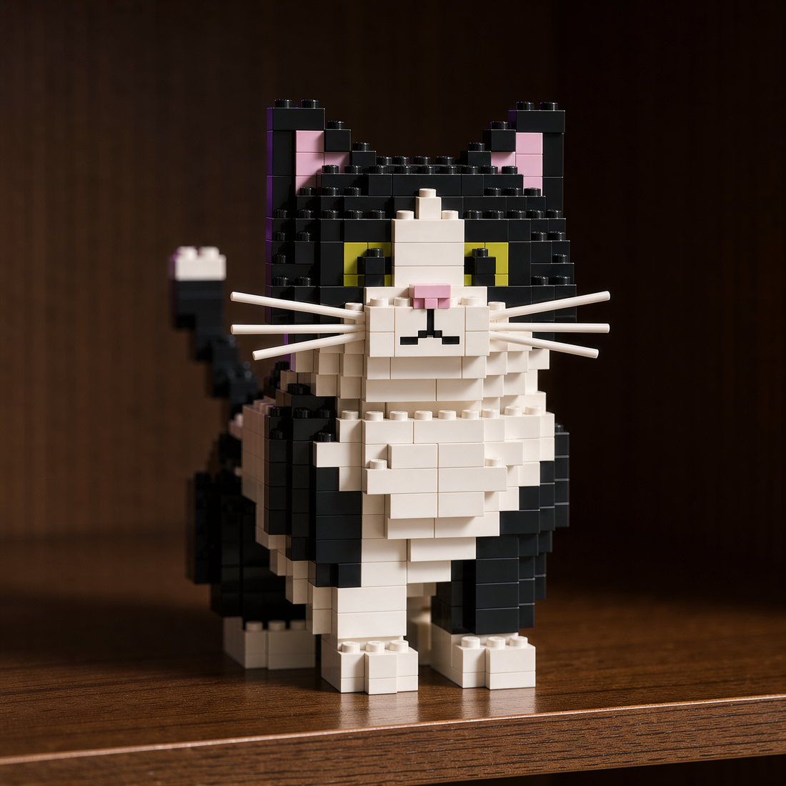 Brick cat spotlight close-up on a shelf