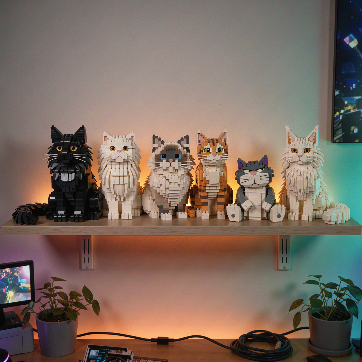 Block Pals brick cats lined up on a glowing LED floating shelf